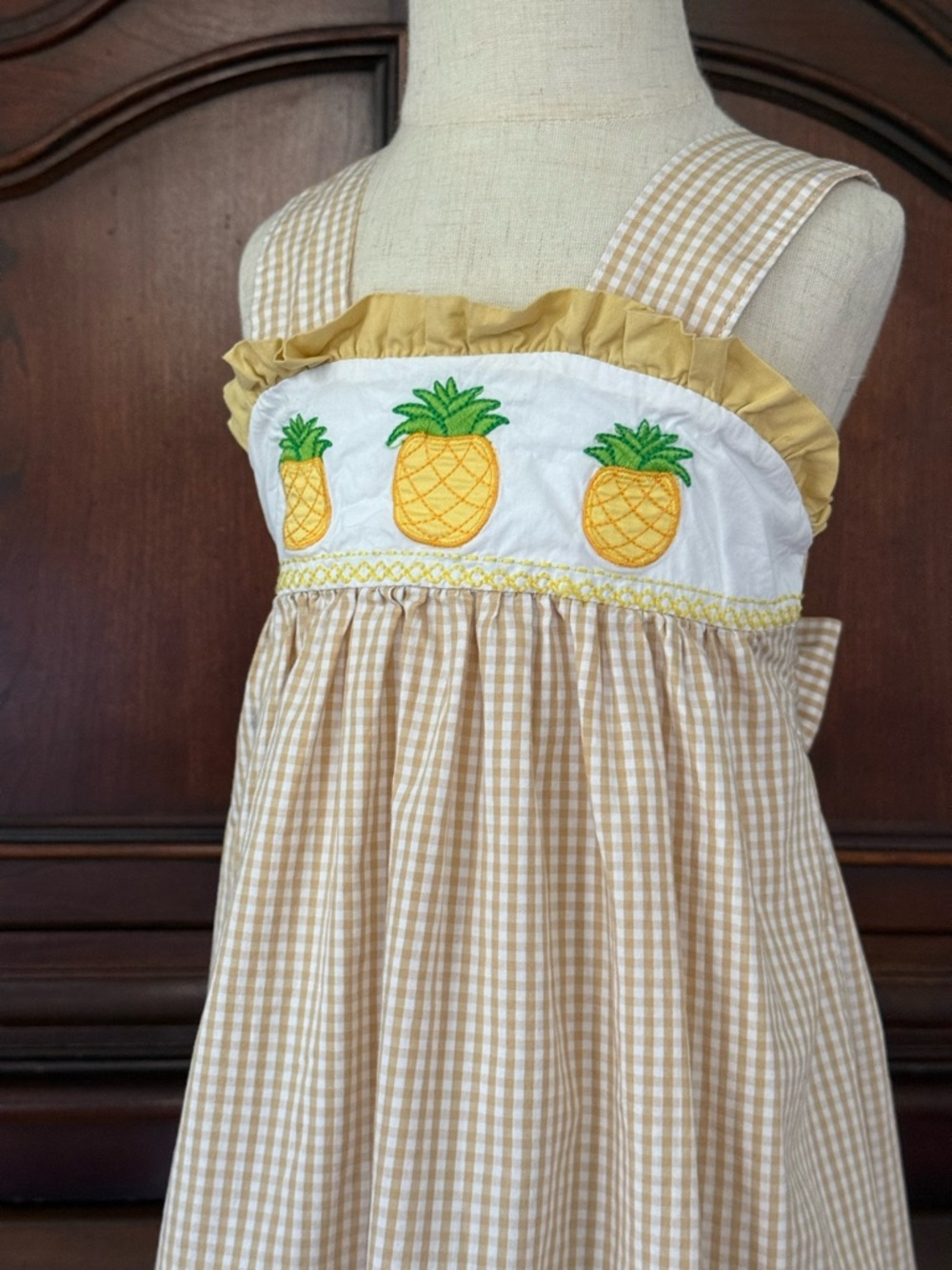 Lil Cactus Pineapple Gingham Dress 3T Girls Yellow Smocked Summer Sundress - Picture 2 of 6